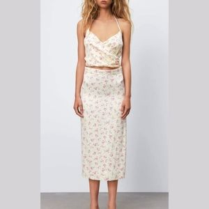 Zara satin effect floral flower slit midi skirt